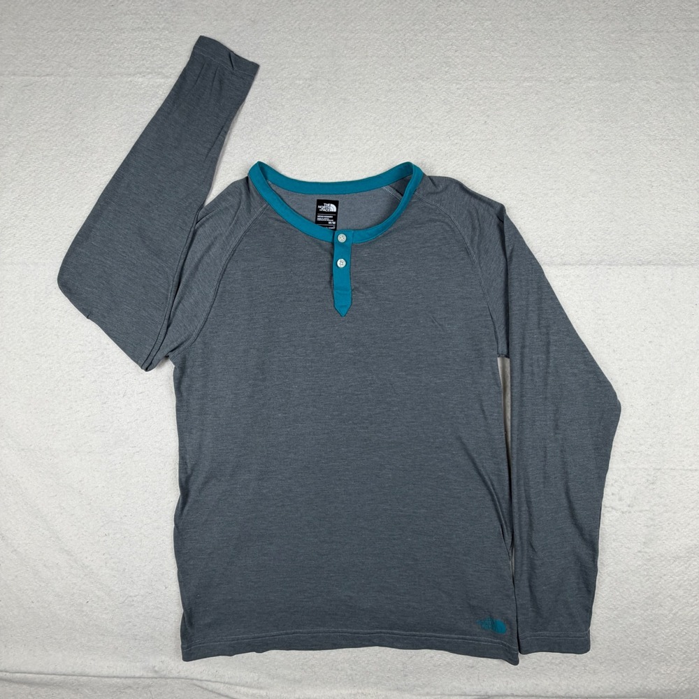 The North Face Mens FlashDry Henley Long Sleeve Shirt Grey Teal Medium